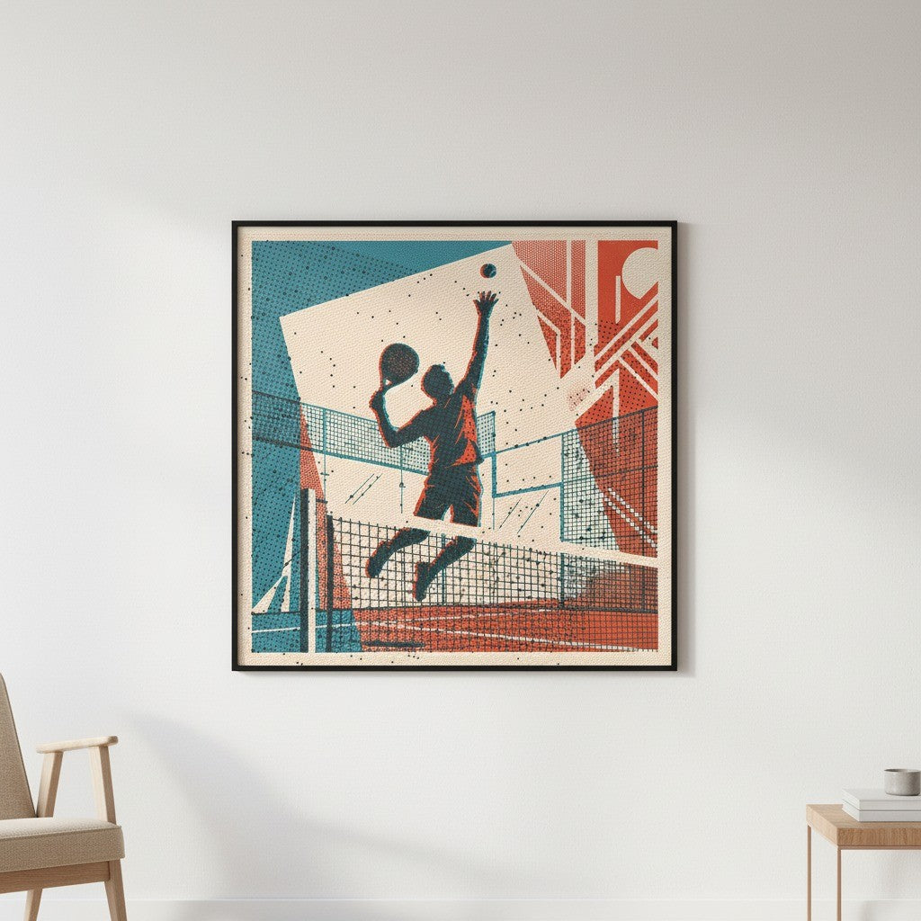 Dynamic risograph print depicting a padel player's powerful, gravity-defying shot over the net, arm fully outstretched. Its unique vintage style and limited edition nature make it exceptional wall art.