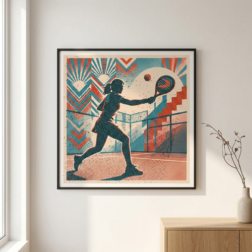 Graceful female padel player mid-sliced backhand, ball suspended. Vintage risograph art print, subtle court colors. Limited edition wall art.