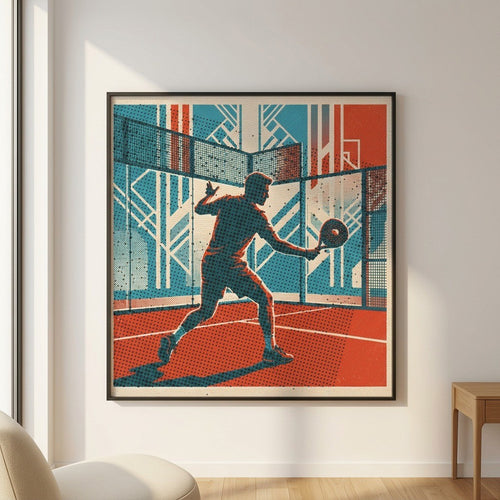 Dynamic padel backhand shot, "Revers", vividly captured with striking light in a vintage risograph print style. Deep hues and unique texture define this limited edition wall art, embodying timeless movement.