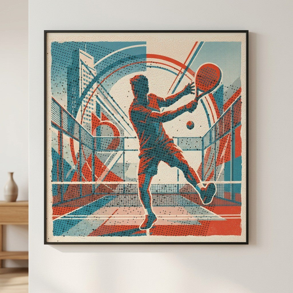 Risograph print of a padel vibora shot, ball skimming the wall. Dynamic and vibrant vintage style limited edition wall art.