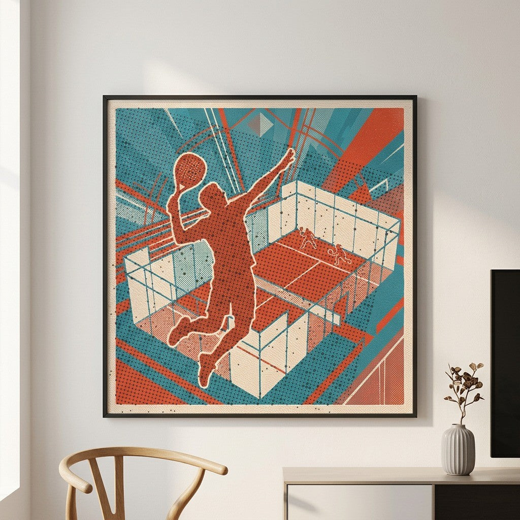 Vibrant risograph limited edition wall art depicting two padel players mid-game, showcasing dynamic technique in vintage style.