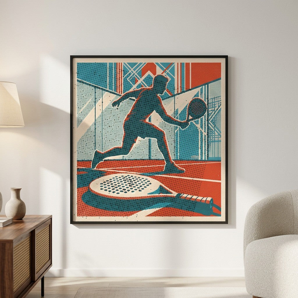A stunning risograph print depicting a padel racket lying on the court, symbolizing a momentary pause in an intense game. Features a unique vintage aesthetic with a distinctive patina. This limited edition wall art brings sport passion home.