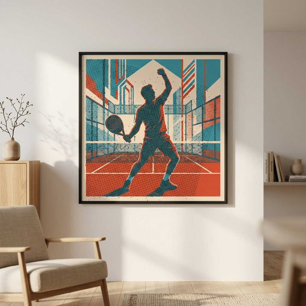 A vibrant risograph art print depicting a victorious padel player's raised fist after scoring a decisive punto. Features a unique vintage texture, ideal for limited edition wall art collectors.