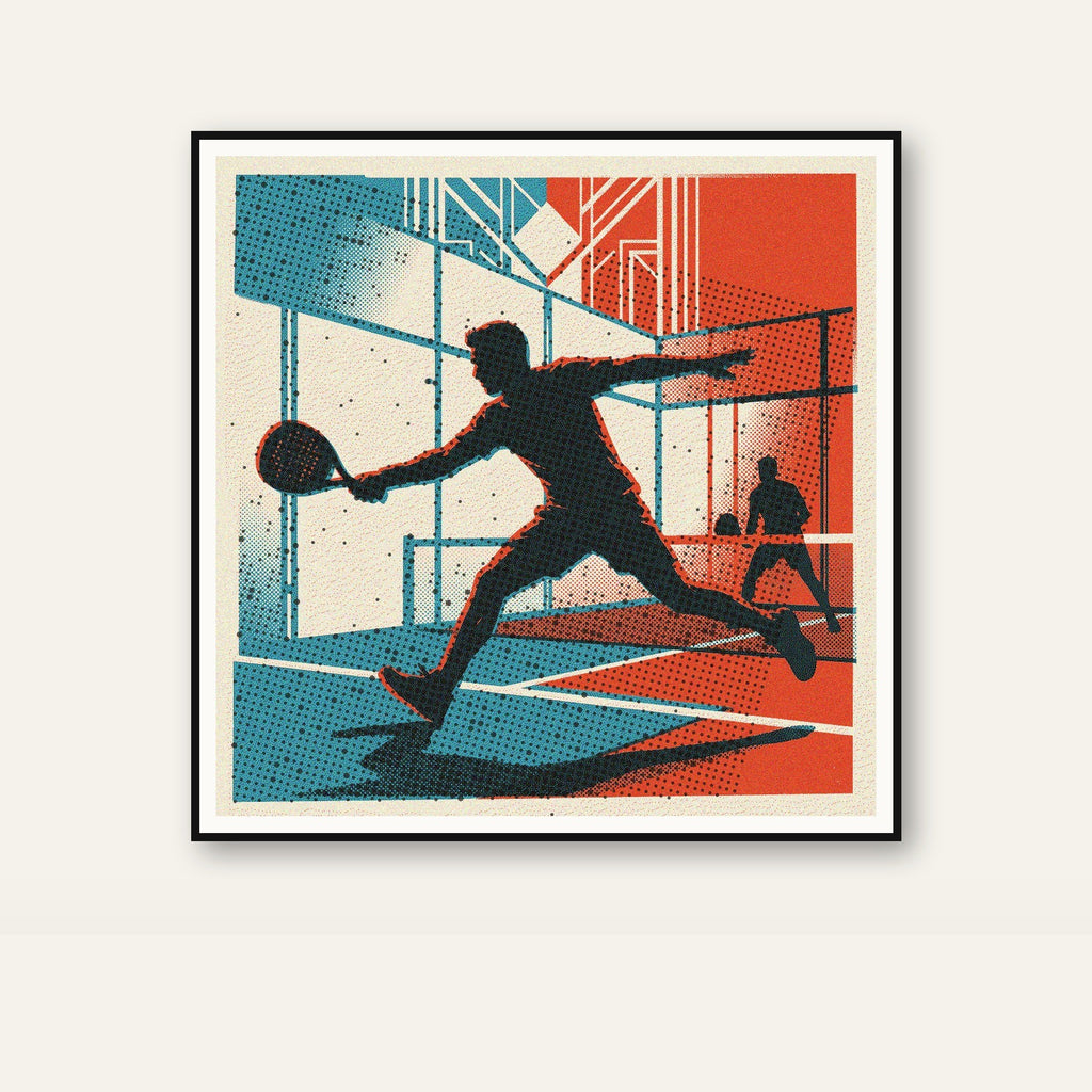 Padel player's decisive lunge technique against a backlit glass court, depicted in a unique risograph vintage style. Limited edition wall art.