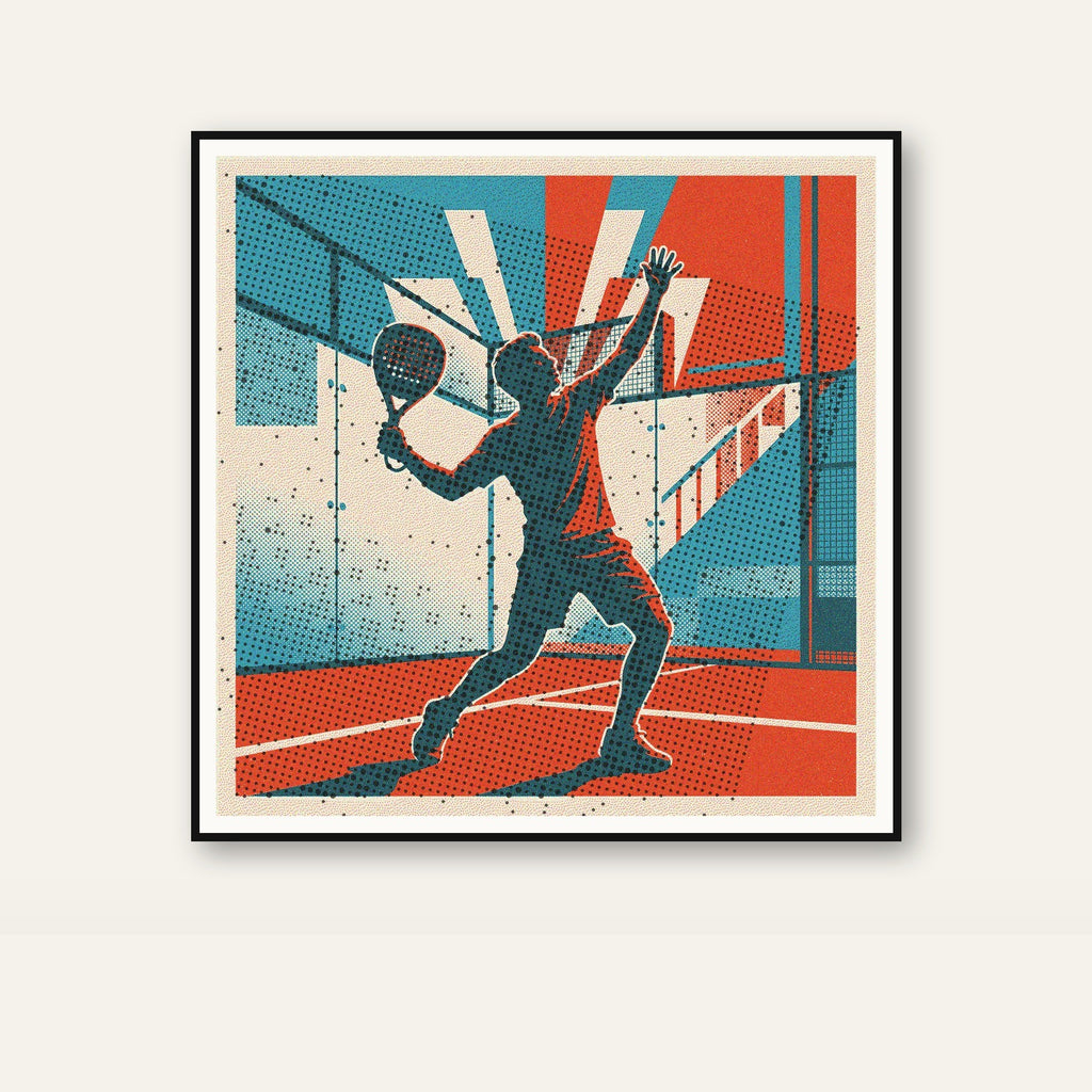 Dynamic risograph art of padel players hitting a winning shot. Vintage style, rich texture, limited edition wall art celebrating the game.
