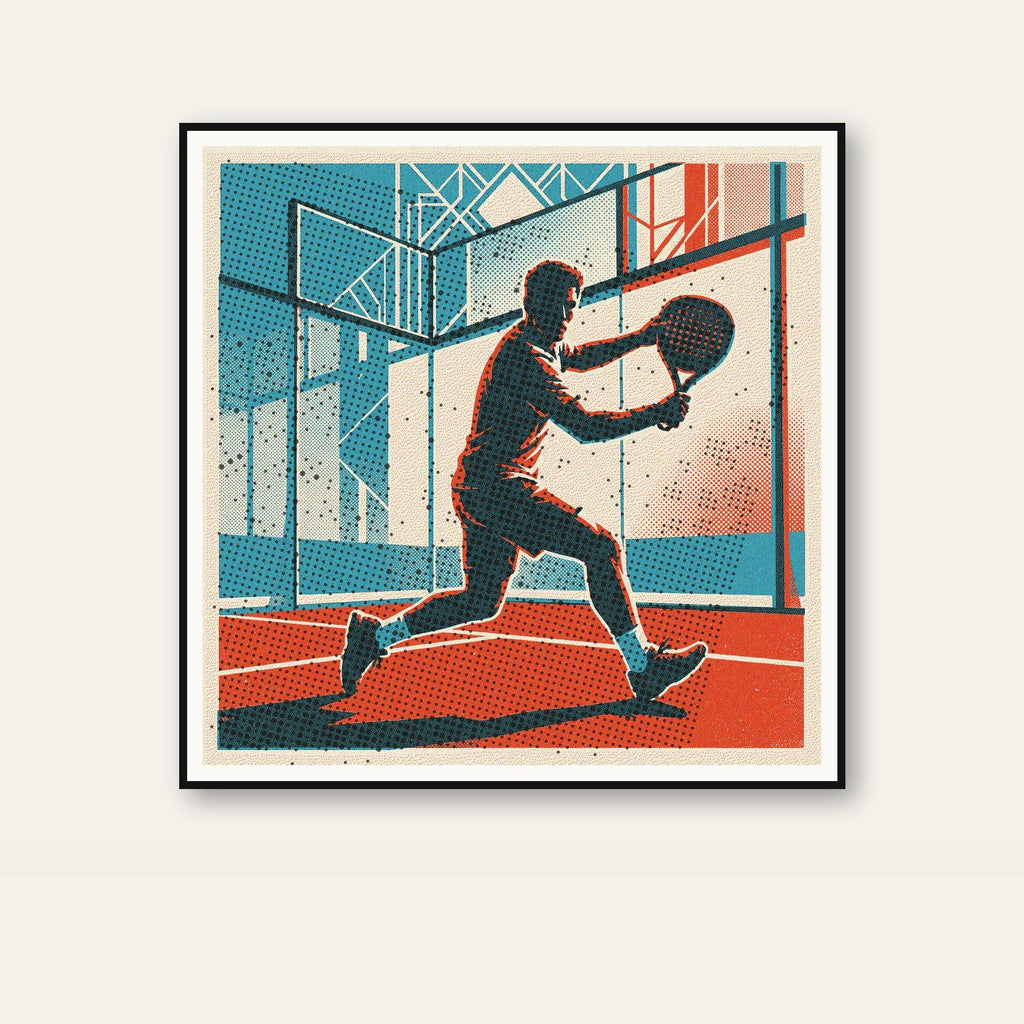 Limited edition risograph wall art depicting a padel player's precise volley at the net. Features a vintage-style texture capturing essential padel technique.