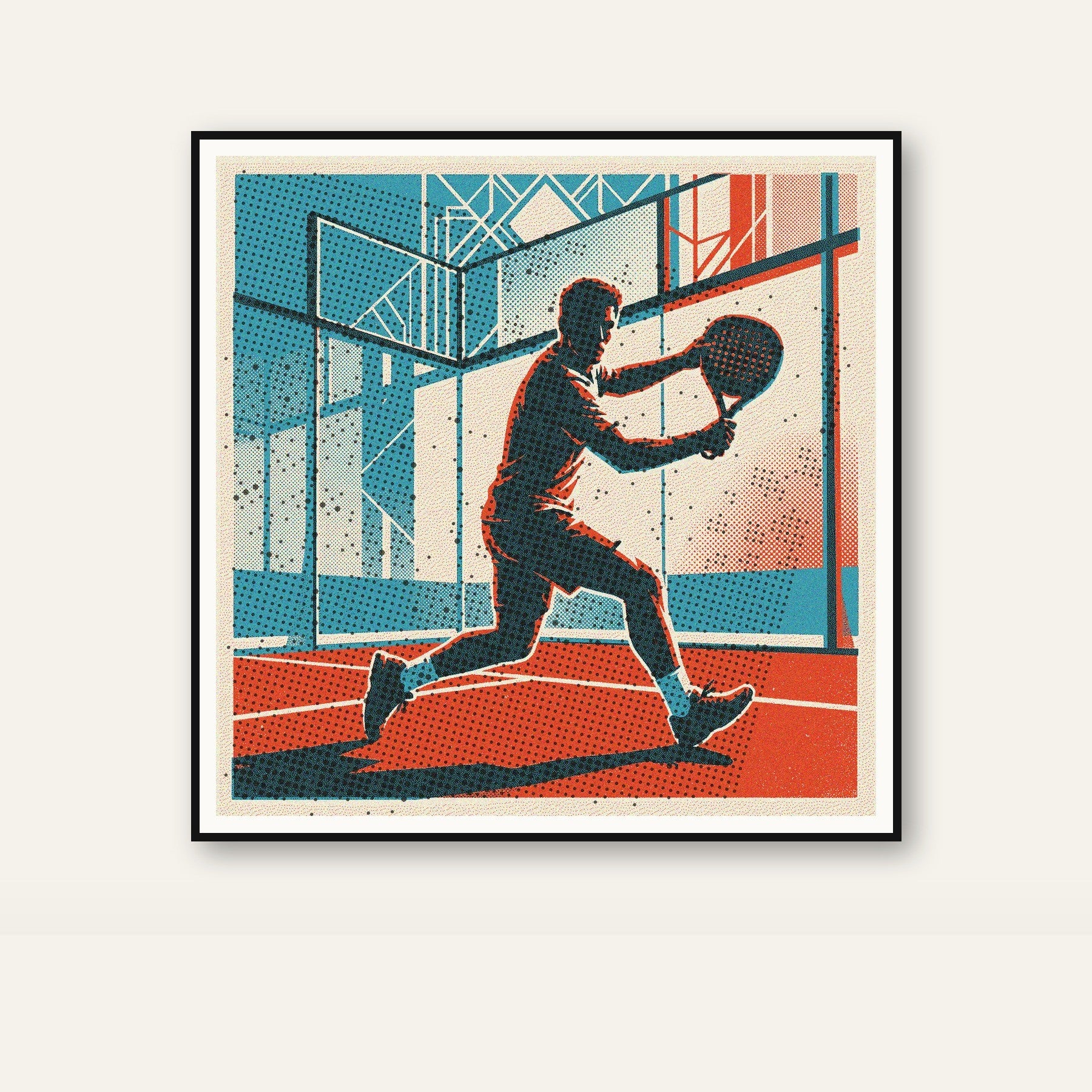 Limited edition risograph wall art depicting a padel player's precise volley at the net. Features a vintage-style texture capturing essential padel technique.