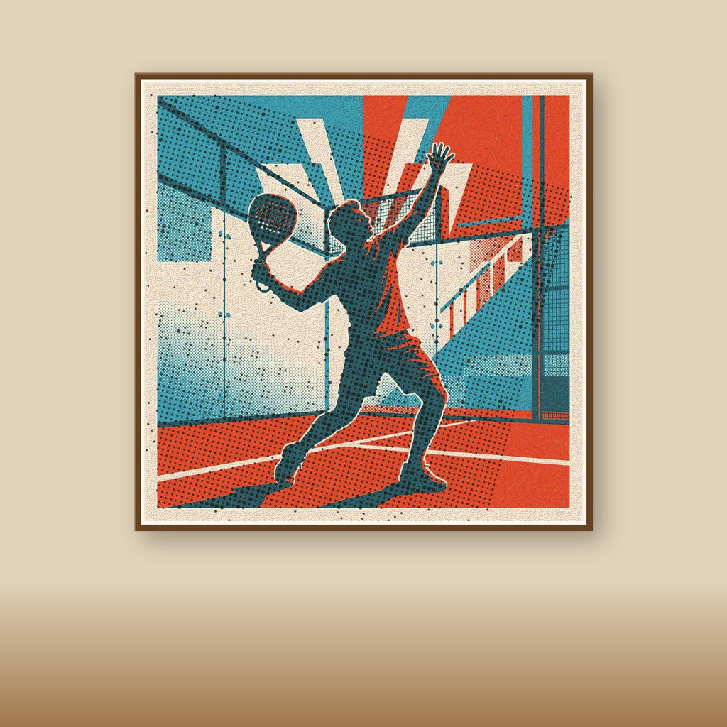 Dynamic risograph art of padel players hitting a winning shot. Vintage style, rich texture, limited edition wall art celebrating the game.