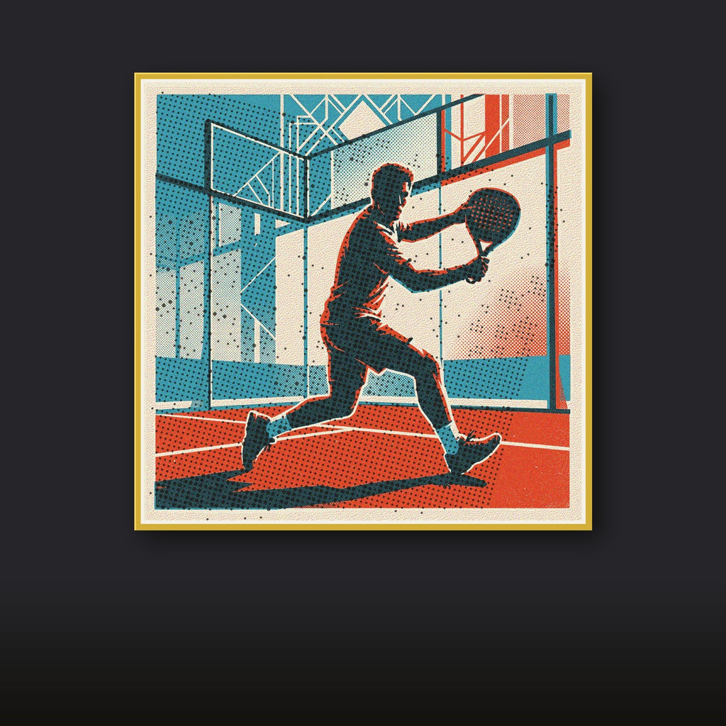 Limited edition risograph wall art depicting a padel player's precise volley at the net. Features a vintage-style texture capturing essential padel technique.