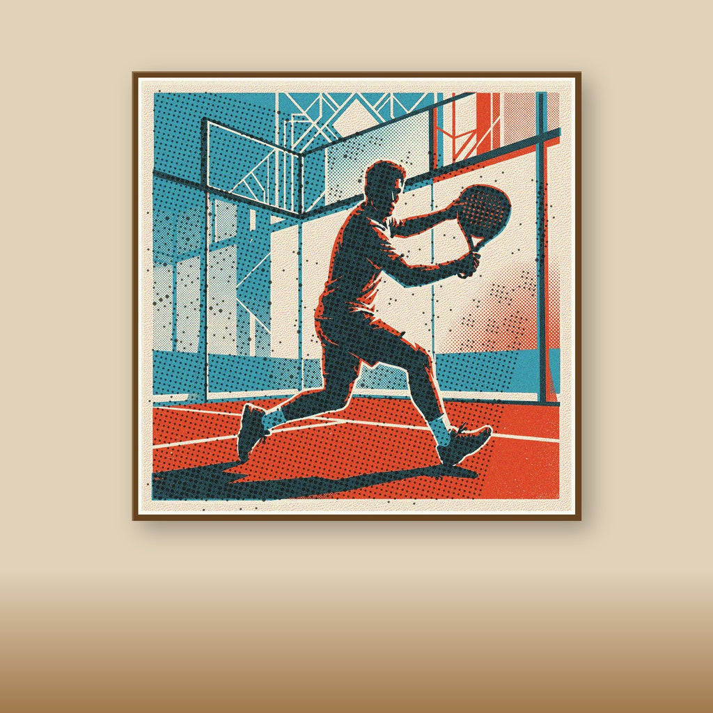 Limited edition risograph wall art depicting a padel player's precise volley at the net. Features a vintage-style texture capturing essential padel technique.