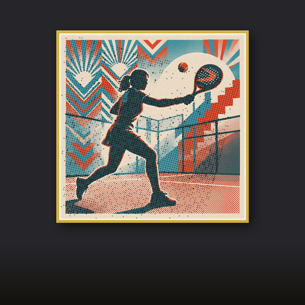 Graceful female padel player mid-sliced backhand, ball suspended. Vintage risograph art print, subtle court colors. Limited edition wall art.