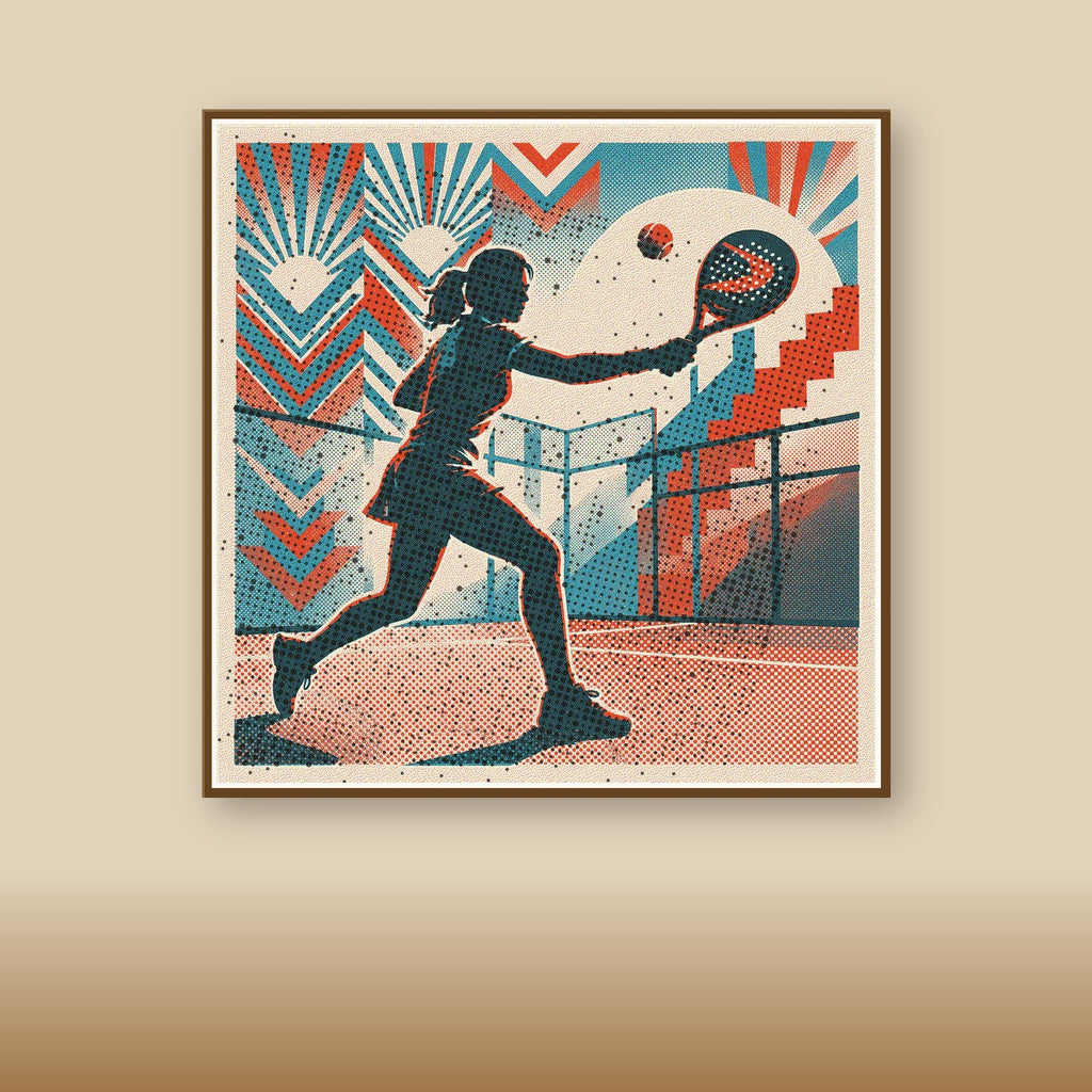 Graceful female padel player mid-sliced backhand, ball suspended. Vintage risograph art print, subtle court colors. Limited edition wall art.