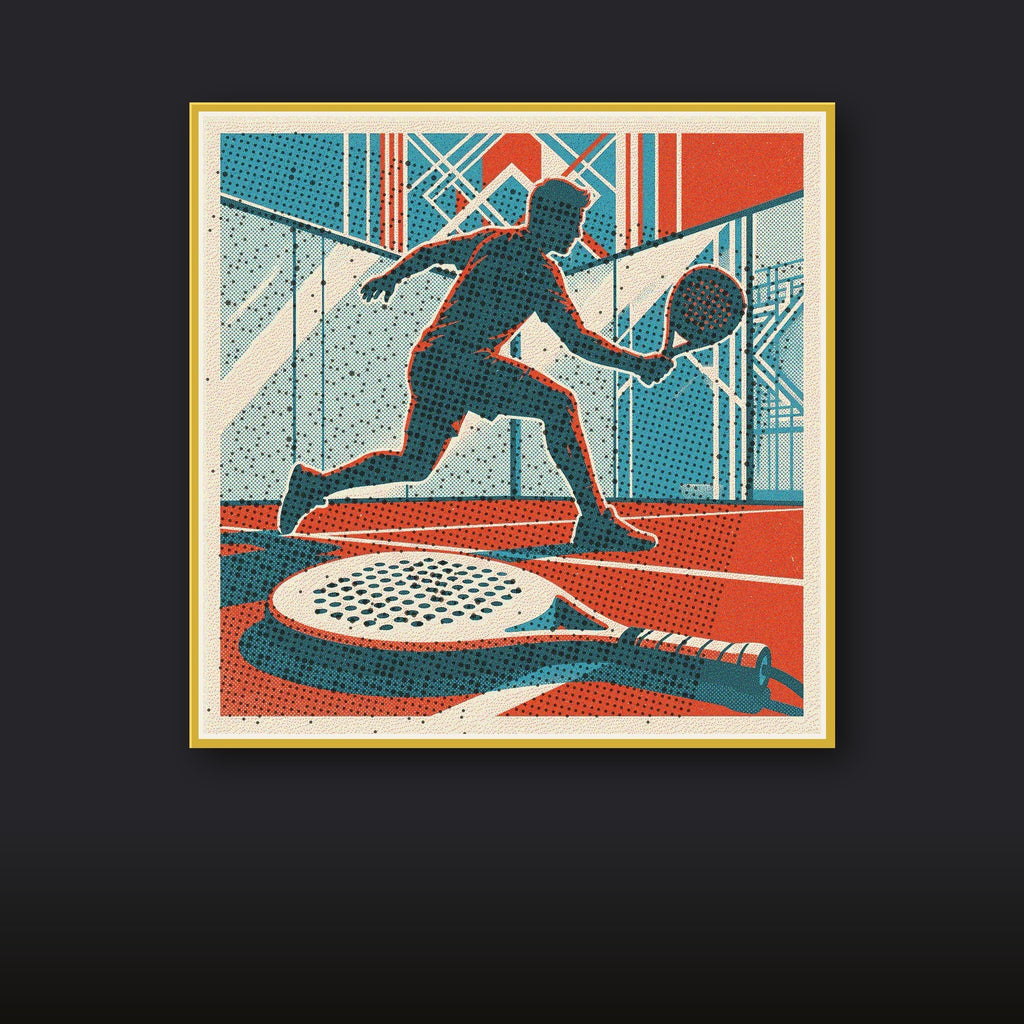 A stunning risograph print depicting a padel racket lying on the court, symbolizing a momentary pause in an intense game. Features a unique vintage aesthetic with a distinctive patina. This limited edition wall art brings sport passion home.