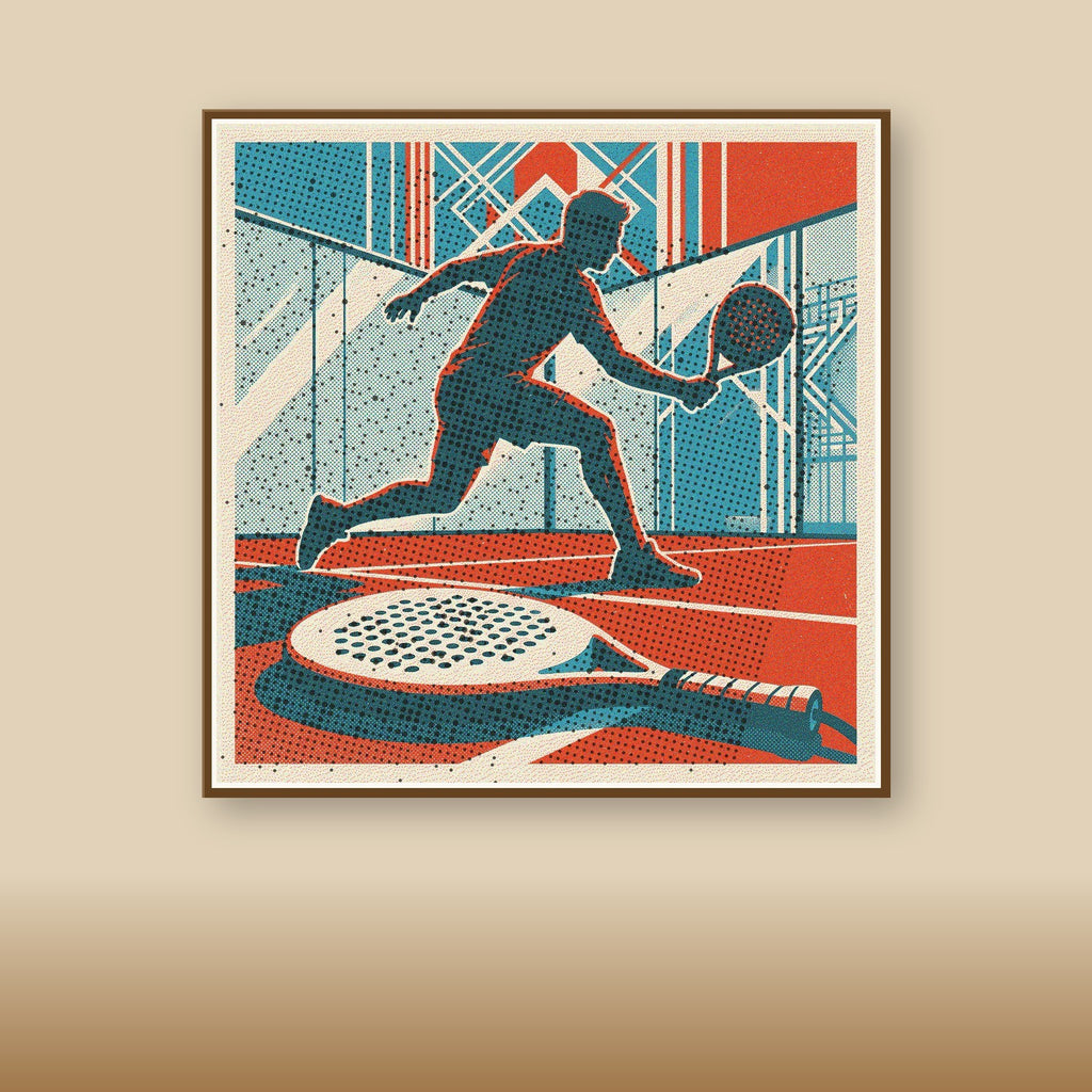 A stunning risograph print depicting a padel racket lying on the court, symbolizing a momentary pause in an intense game. Features a unique vintage aesthetic with a distinctive patina. This limited edition wall art brings sport passion home.
