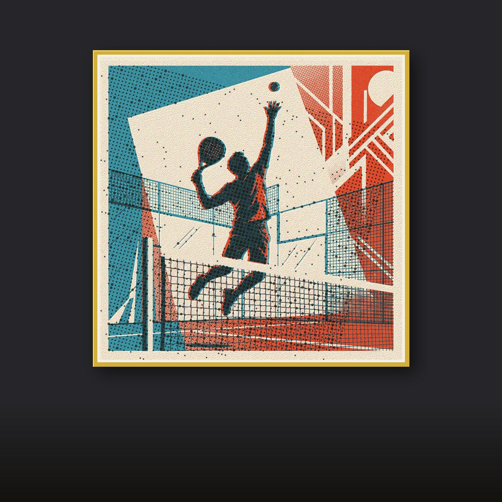 Dynamic risograph print depicting a padel player's powerful, gravity-defying shot over the net, arm fully outstretched. Its unique vintage style and limited edition nature make it exceptional wall art.