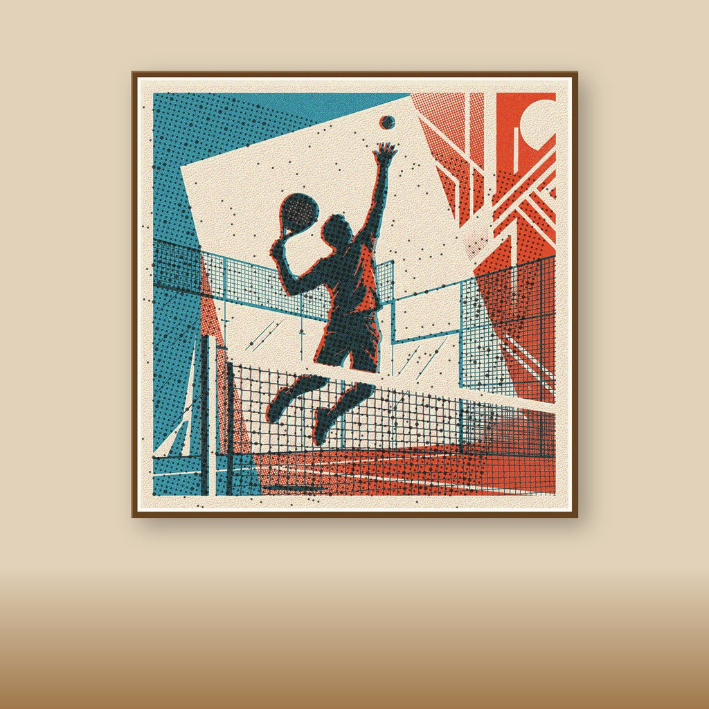 Dynamic risograph print depicting a padel player's powerful, gravity-defying shot over the net, arm fully outstretched. Its unique vintage style and limited edition nature make it exceptional wall art.