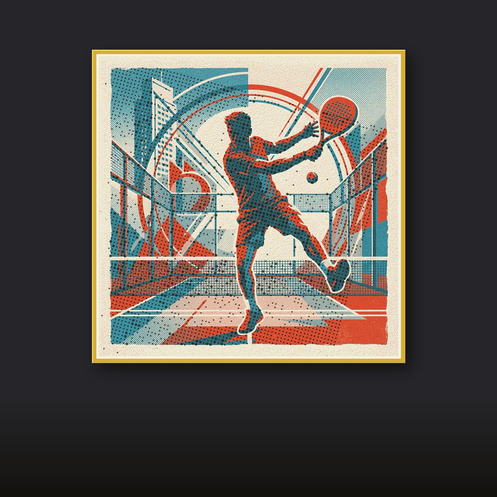 Risograph print of a padel vibora shot, ball skimming the wall. Dynamic and vibrant vintage style limited edition wall art.