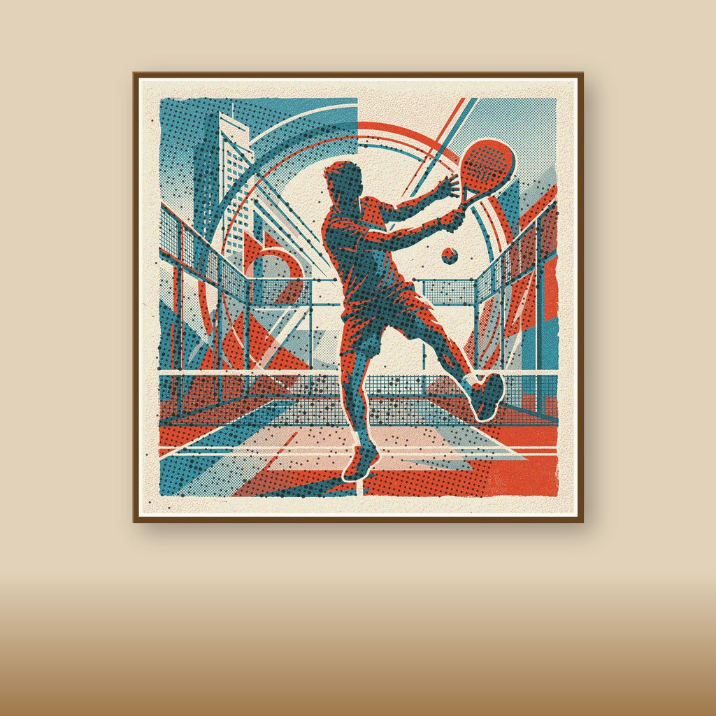 Risograph print of a padel vibora shot, ball skimming the wall. Dynamic and vibrant vintage style limited edition wall art.