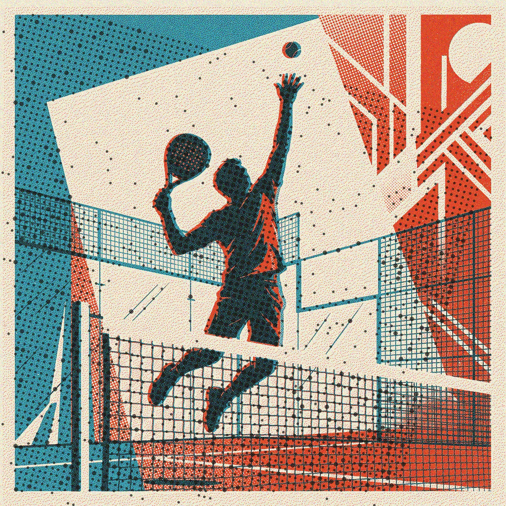 Dynamic risograph print depicting a padel player's powerful, gravity-defying shot over the net, arm fully outstretched. Its unique vintage style and limited edition nature make it exceptional wall art.