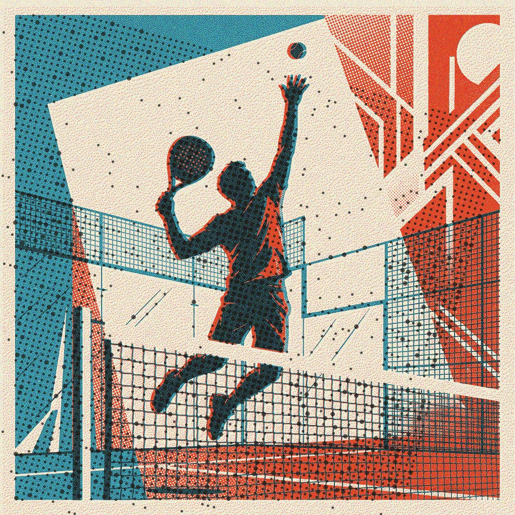 Dynamic risograph print depicting a padel player's powerful, gravity-defying shot over the net, arm fully outstretched. Its unique vintage style and limited edition nature make it exceptional wall art.