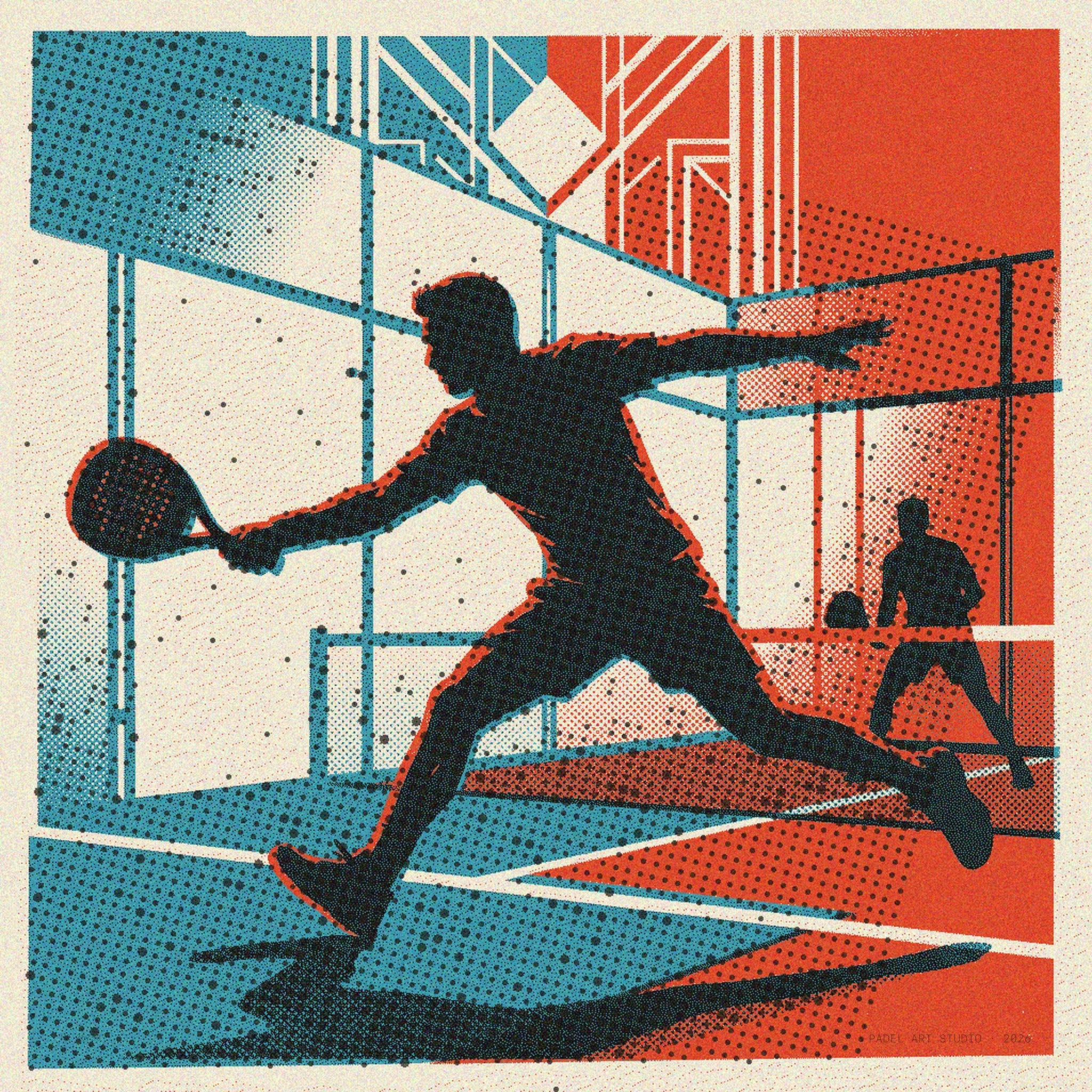 Padel player's decisive lunge technique against a backlit glass court, depicted in a unique risograph vintage style. Limited edition wall art.