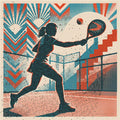 Graceful female padel player mid-sliced backhand, ball suspended. Vintage risograph art print, subtle court colors. Limited edition wall art.
