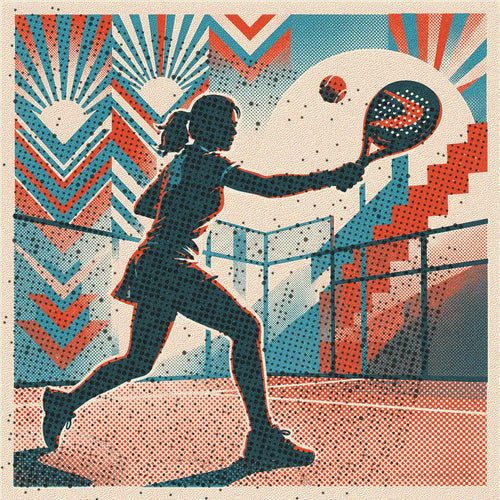 Graceful female padel player mid-sliced backhand, ball suspended. Vintage risograph art print, subtle court colors. Limited edition wall art.