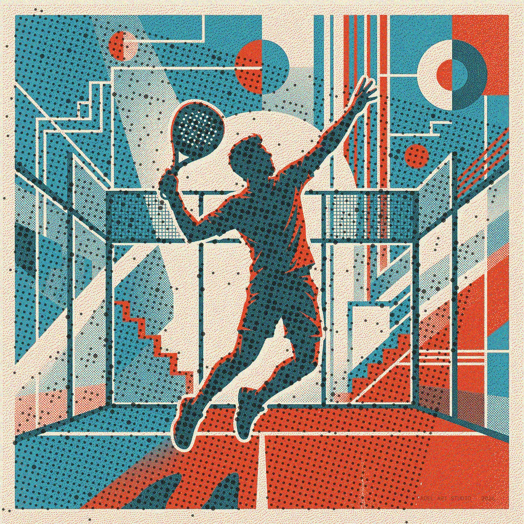 Padel bandeja shot, rendered in risograph vintage style. Limited edition wall art, capturing strength and finesse for any discerning space.