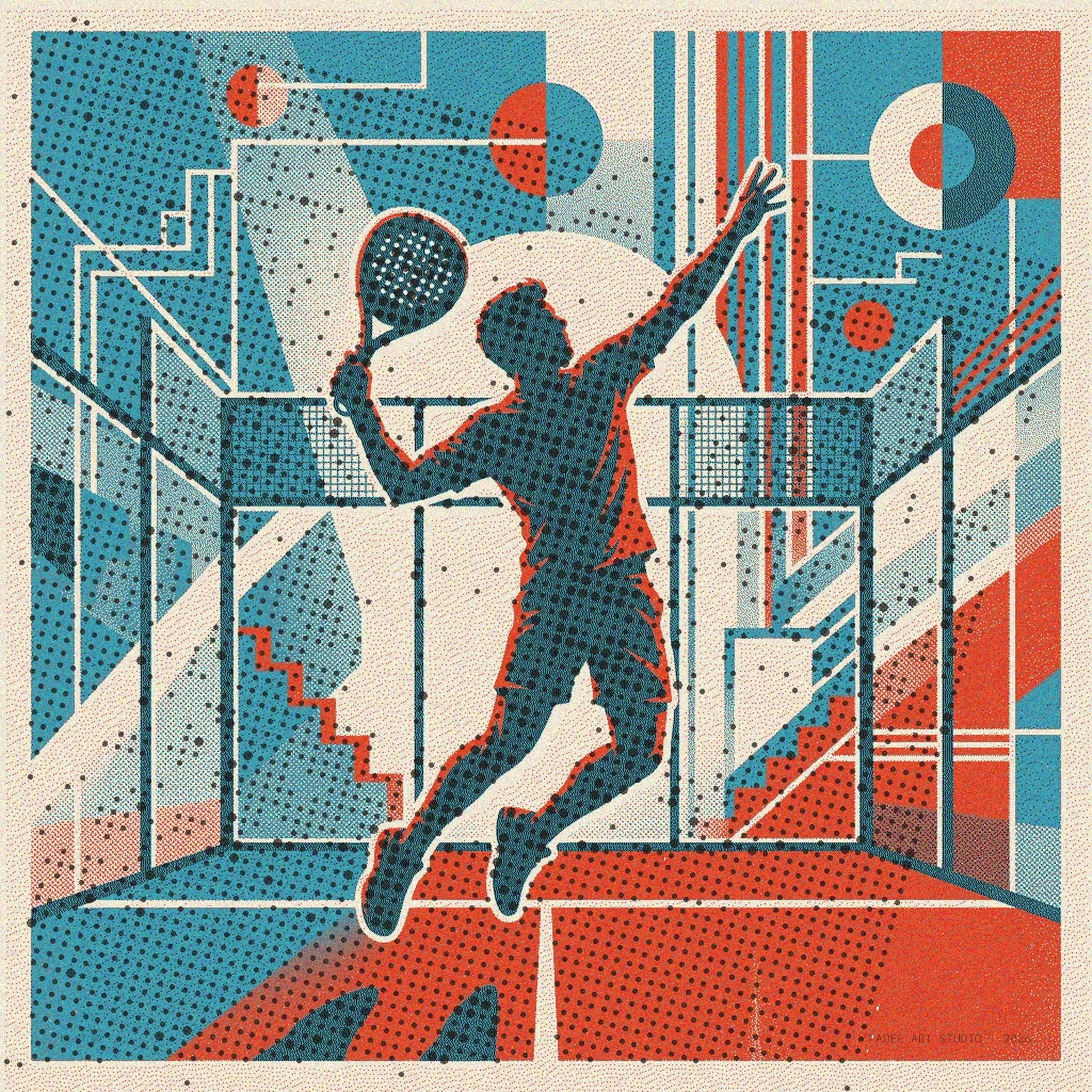 Padel bandeja shot, rendered in risograph vintage style. Limited edition wall art, capturing strength and finesse for any discerning space.