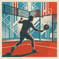 Dynamic padel backhand shot, "Revers", vividly captured with striking light in a vintage risograph print style. Deep hues and unique texture define this limited edition wall art, embodying timeless movement.