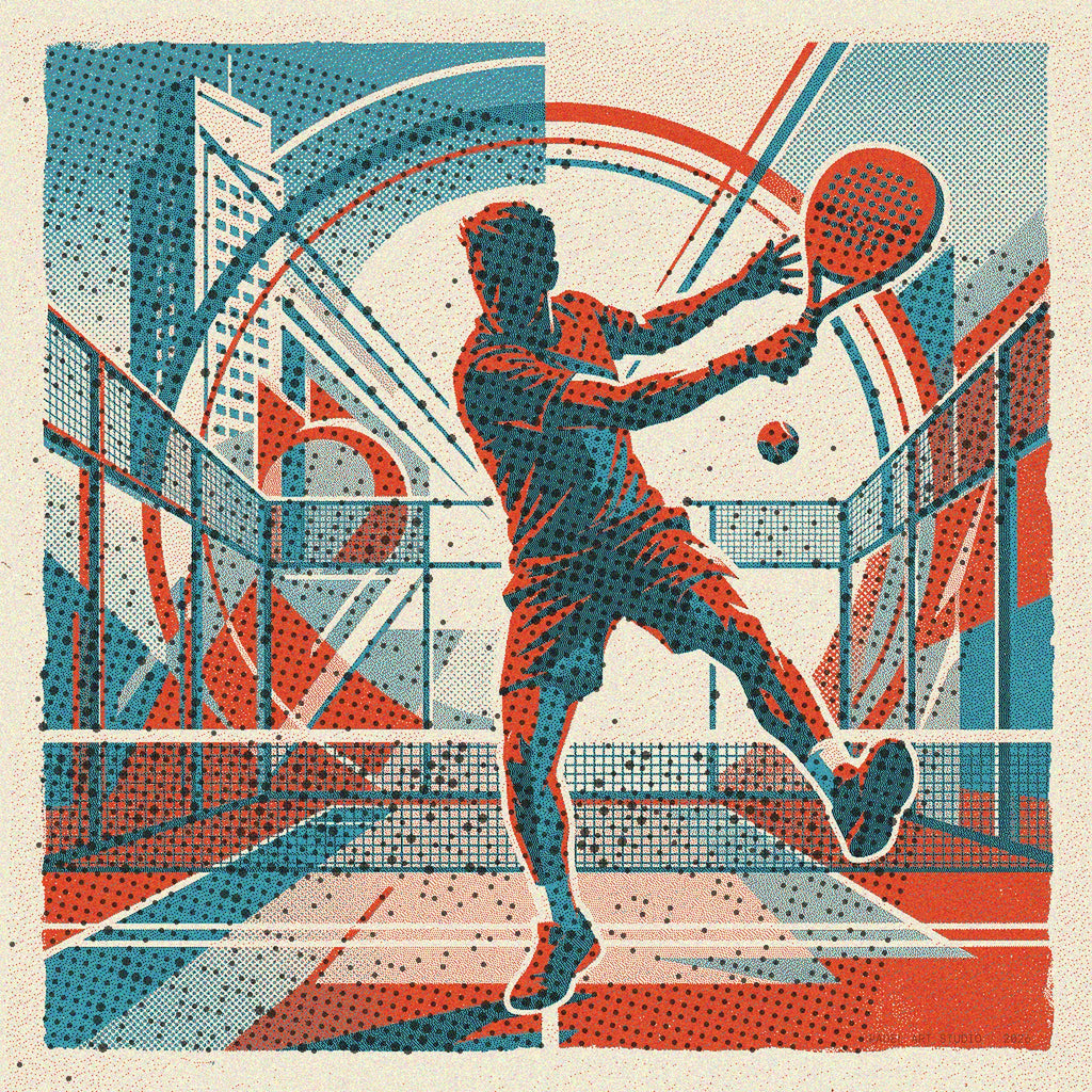 Risograph print of a padel vibora shot, ball skimming the wall. Dynamic and vibrant vintage style limited edition wall art.