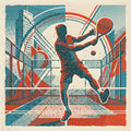 Risograph print of a padel vibora shot, ball skimming the wall. Dynamic and vibrant vintage style limited edition wall art.