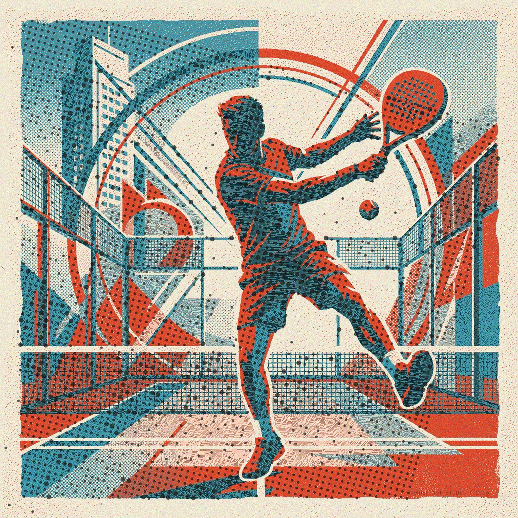 Risograph print of a padel vibora shot, ball skimming the wall. Dynamic and vibrant vintage style limited edition wall art.
