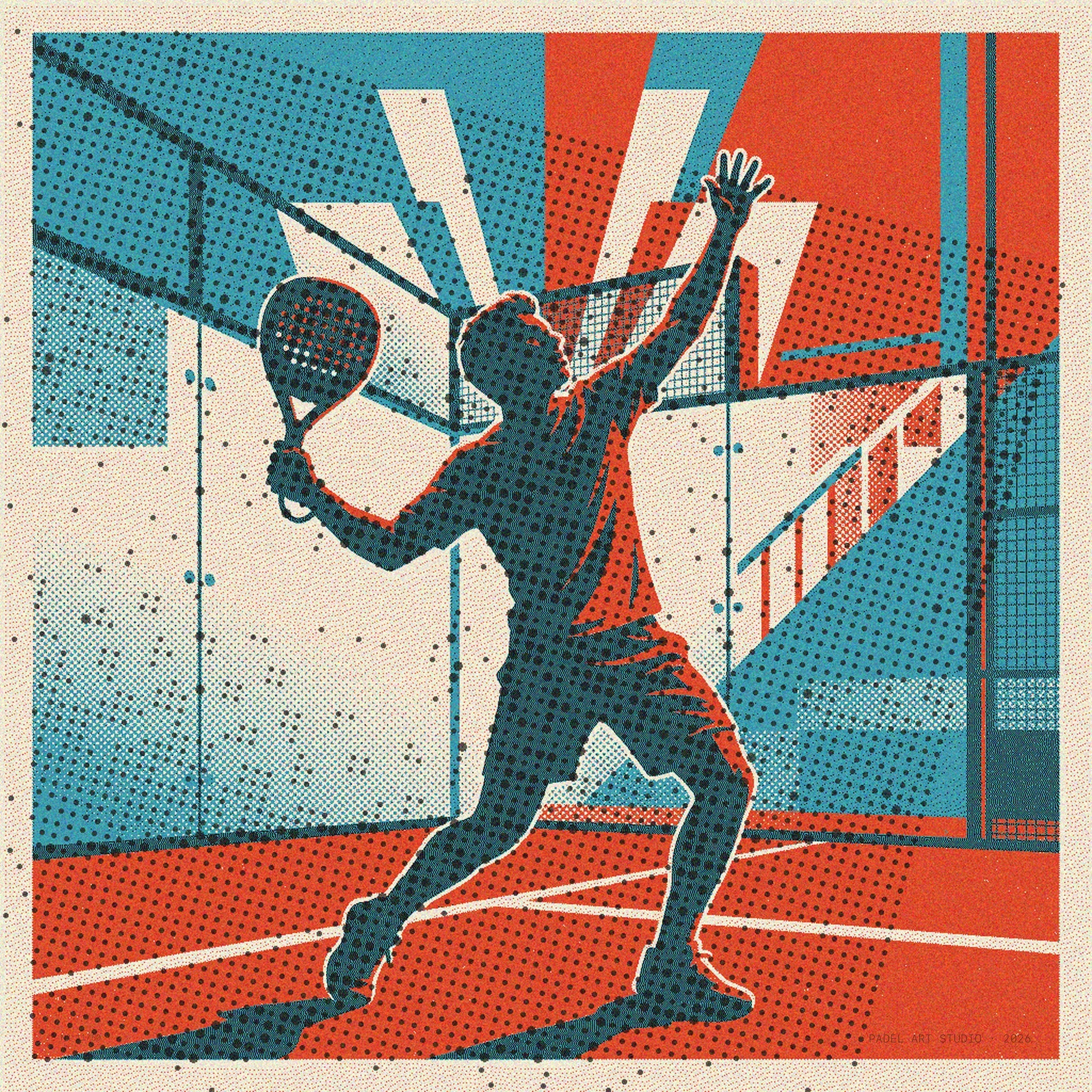 Dynamic risograph art of padel players hitting a winning shot. Vintage style, rich texture, limited edition wall art celebrating the game.