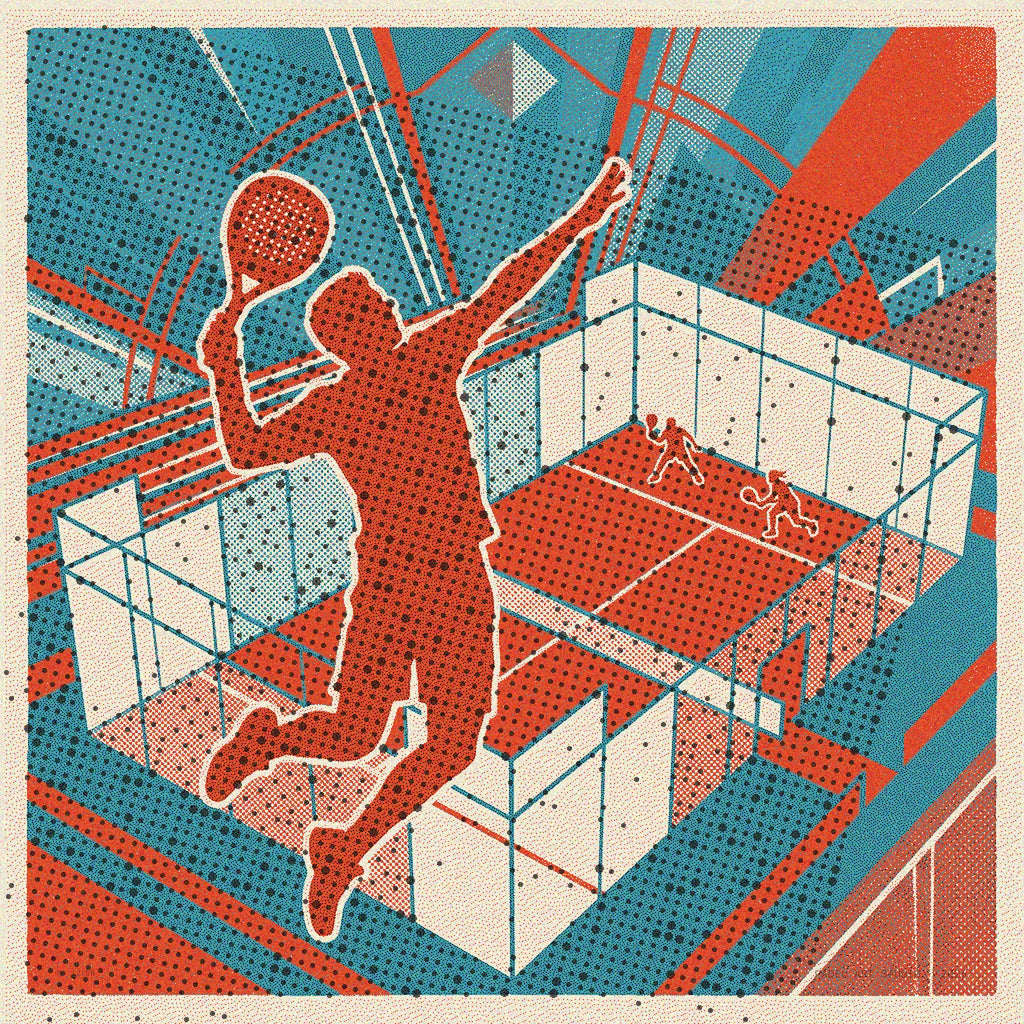 Vibrant risograph limited edition wall art depicting two padel players mid-game, showcasing dynamic technique in vintage style.