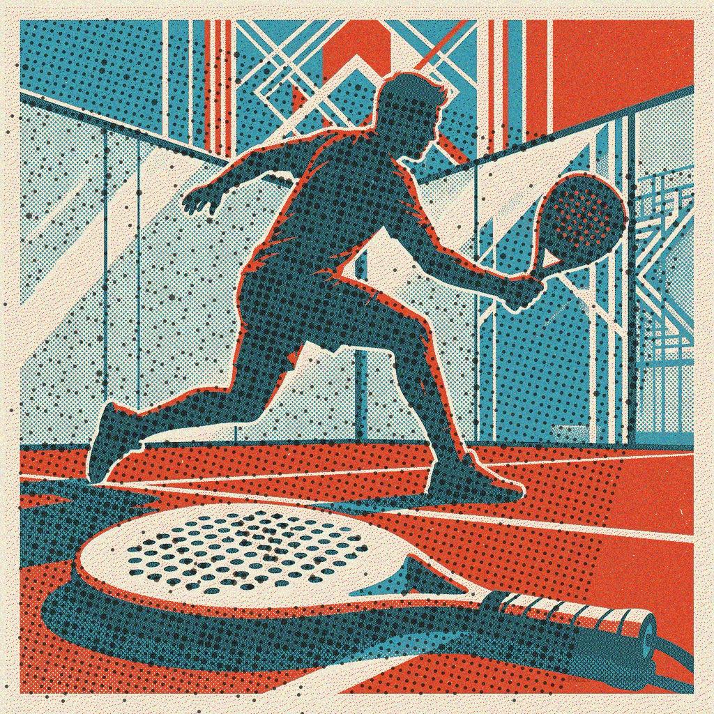 A stunning risograph print depicting a padel racket lying on the court, symbolizing a momentary pause in an intense game. Features a unique vintage aesthetic with a distinctive patina. This limited edition wall art brings sport passion home.