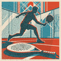 A stunning risograph print depicting a padel racket lying on the court, symbolizing a momentary pause in an intense game. Features a unique vintage aesthetic with a distinctive patina. This limited edition wall art brings sport passion home.