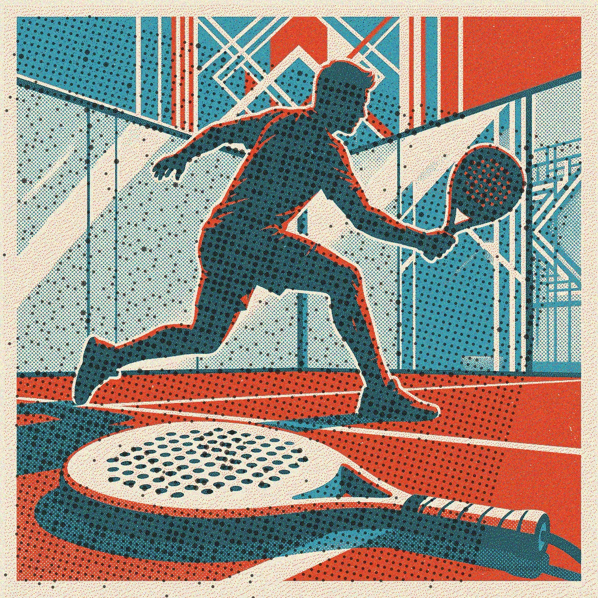 A stunning risograph print depicting a padel racket lying on the court, symbolizing a momentary pause in an intense game. Features a unique vintage aesthetic with a distinctive patina. This limited edition wall art brings sport passion home.