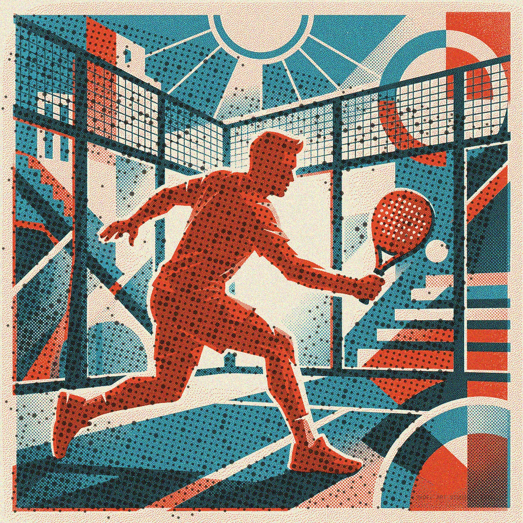 Padel player's intense focus, technique for decisive shot. Risograph vintage style art print. A unique limited edition wall art piece.