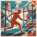 Padel player's intense focus, technique for decisive shot. Risograph vintage style art print. A unique limited edition wall art piece.