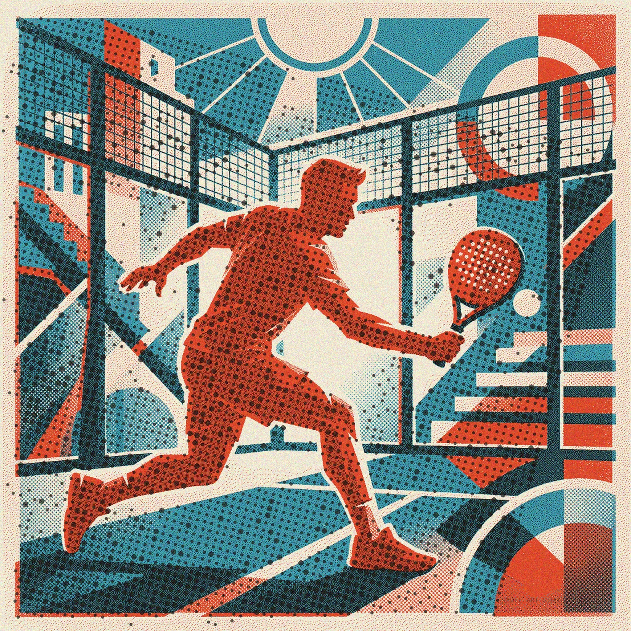 Padel player's intense focus, technique for decisive shot. Risograph vintage style art print. A unique limited edition wall art piece.