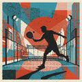 Padel player's elegant technique captured mid-action under spotlights in a nocturnal scene. Risograph vintage style print. Limited edition wall art.