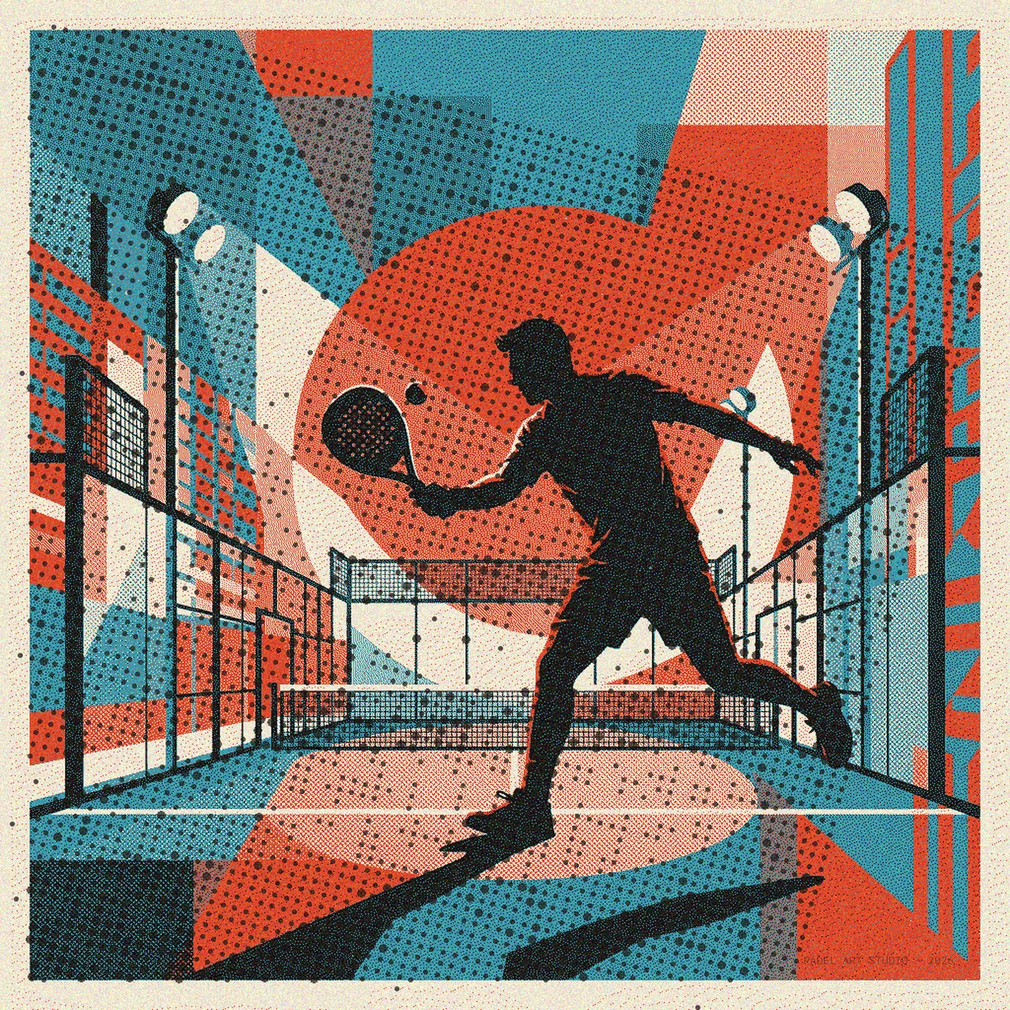 Padel player's elegant technique captured mid-action under spotlights in a nocturnal scene. Risograph vintage style print. Limited edition wall art.