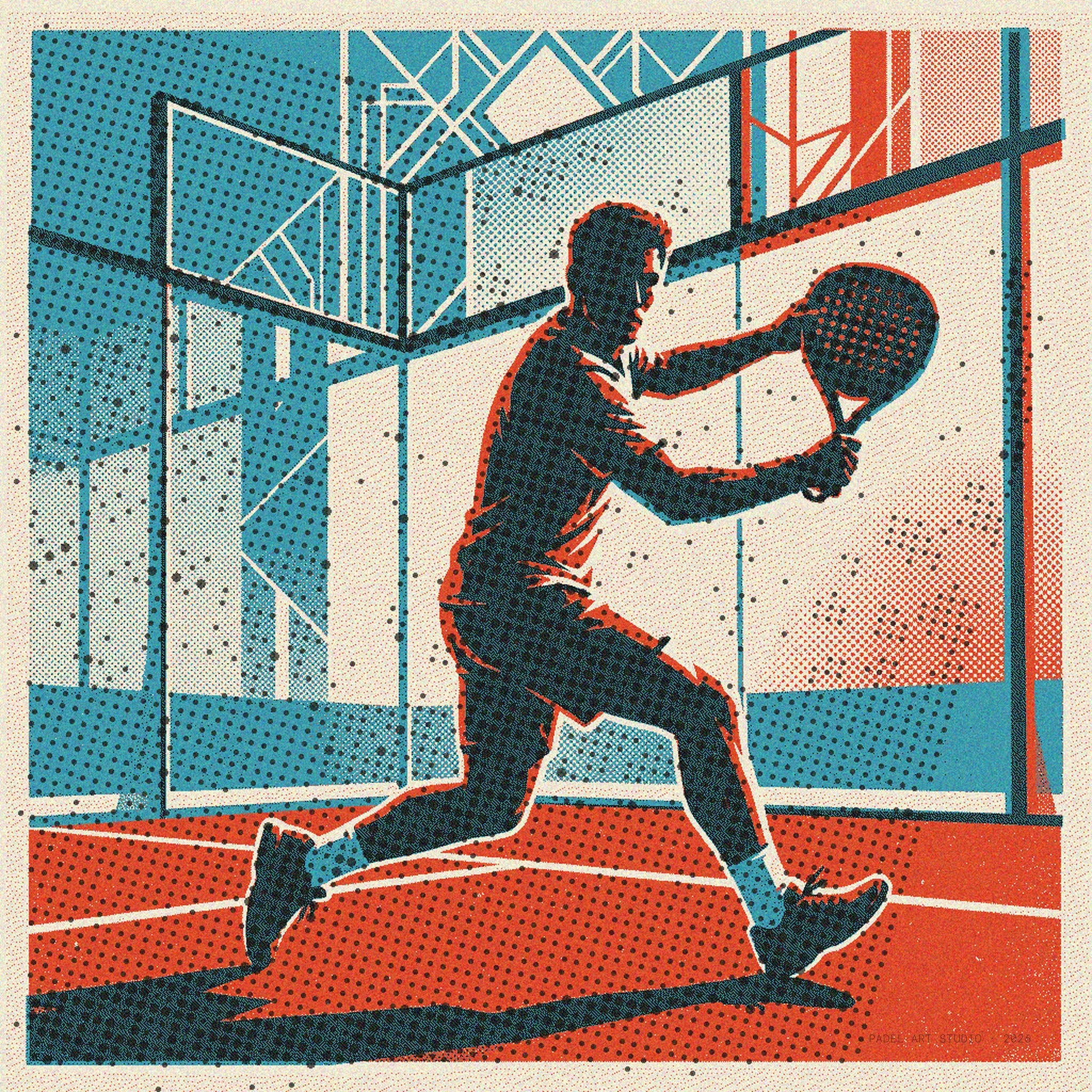 Limited edition risograph wall art depicting a padel player's precise volley at the net. Features a vintage-style texture capturing essential padel technique.