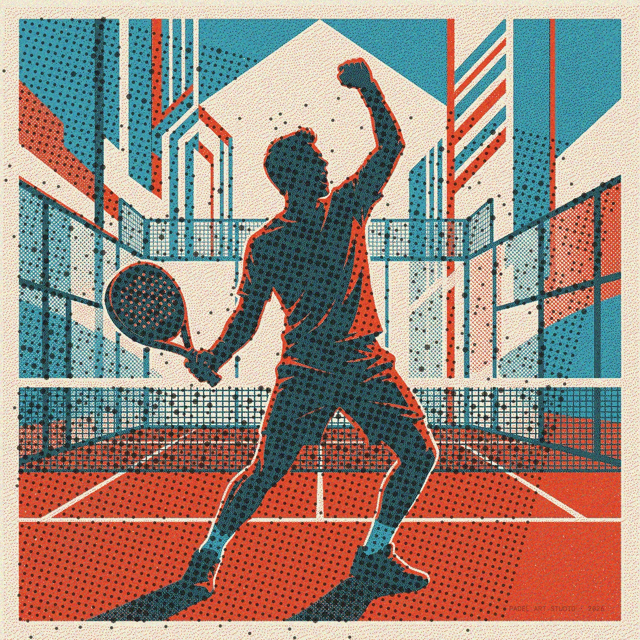 A vibrant risograph art print depicting a victorious padel player's raised fist after scoring a decisive punto. Features a unique vintage texture, ideal for limited edition wall art collectors.